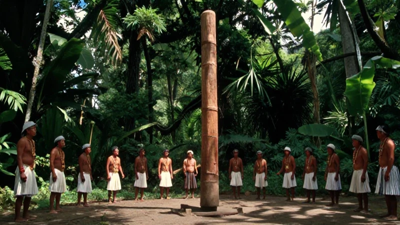 Hombres indígenas ritual en el Voladores, selva Mesoamericana