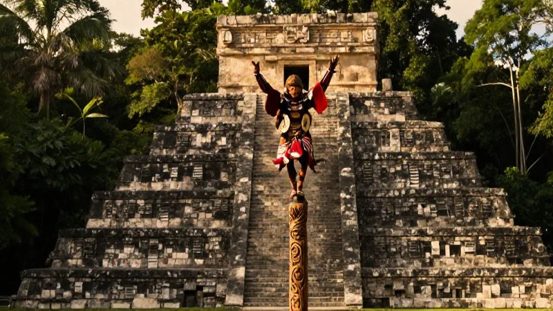 Volador ritual en pirámide mesoamericana
