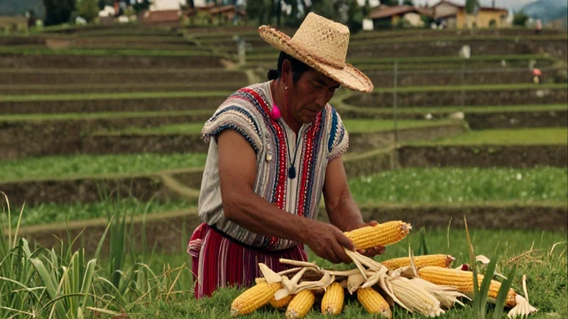 Huasteco cosechando maíz en terrazas mesoamericanas