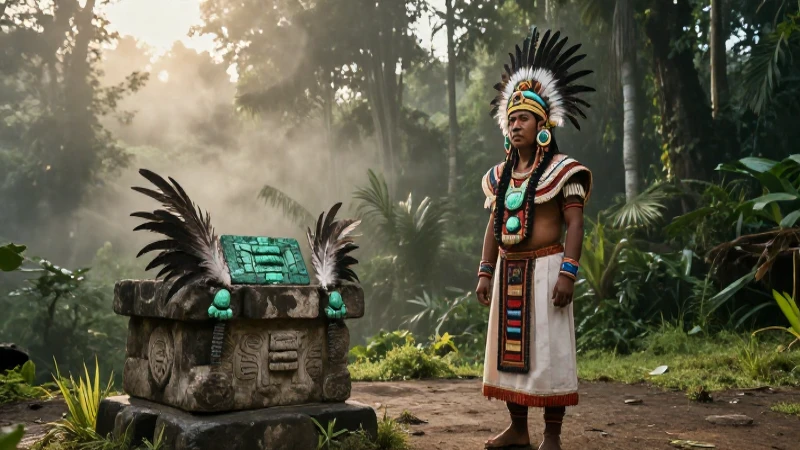 Sacerdote mesoamericano ante altar precolombino