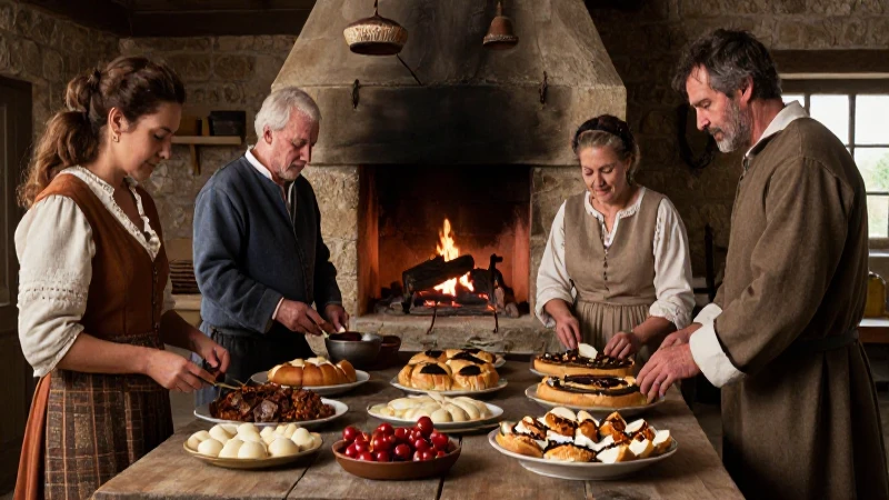 Cocinan festivos en una antigua cocina rústica
