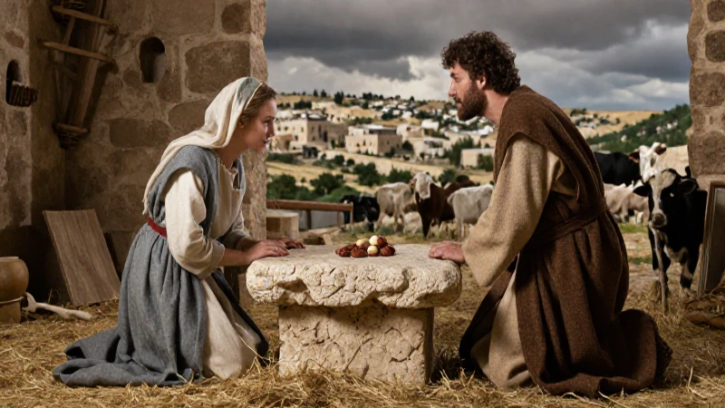 Mary y José en un establo bíblico