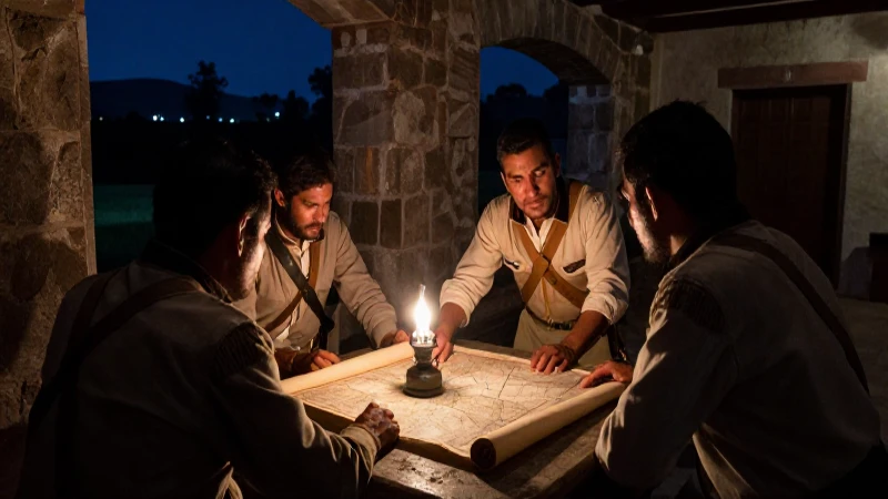 Soldados insurgentes discuten en un castillo colonial mexicano