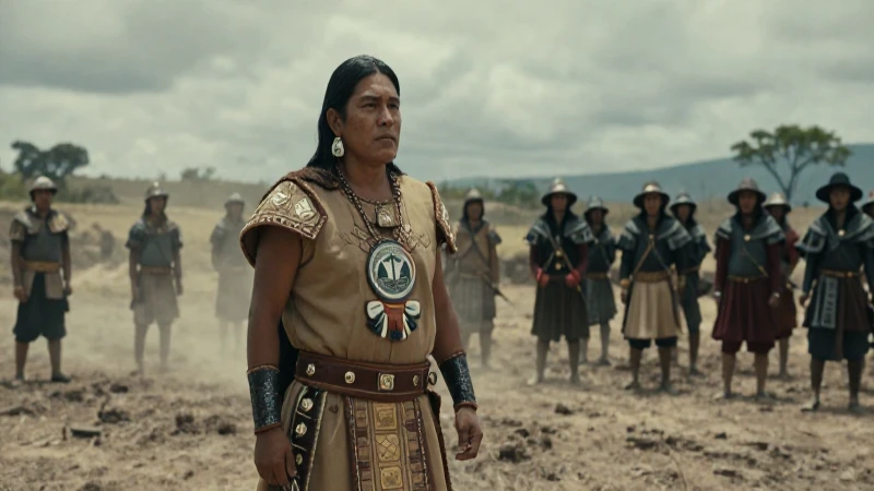 Guerrero indígena vs. conquistadores en campo de batalla