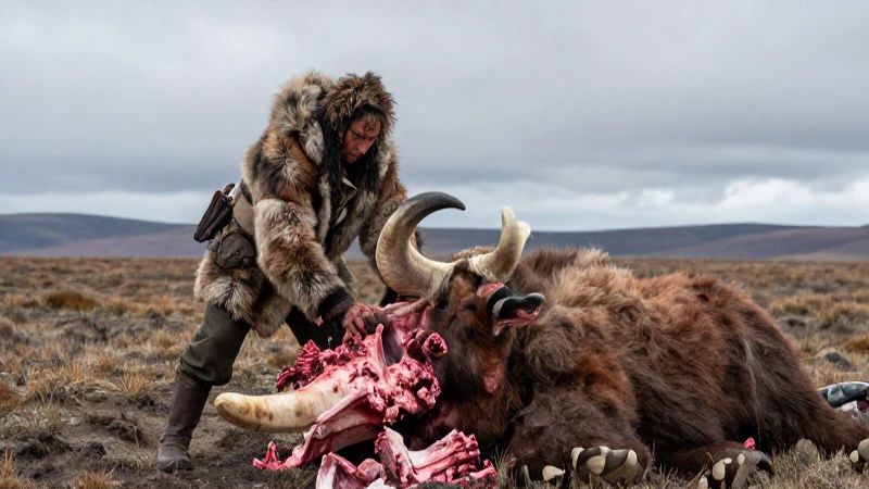 Cazador en tundra maciza caza mamut con estilo dramático