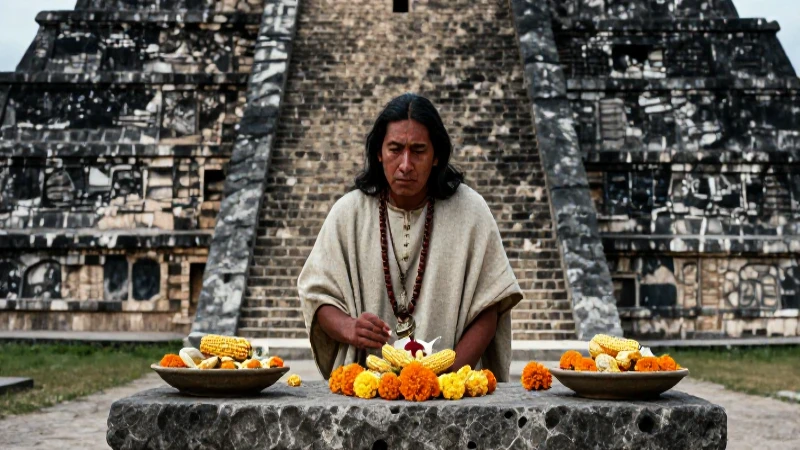 Sacerdote Mexica ante altar y pirámide antigua