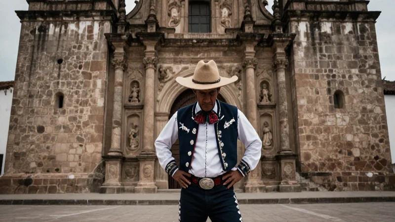 Diablo Mexicano: Entre el Demonio y el Ángel de los Sentidos 43 Figura colonial desafiante ante iglesia histórica