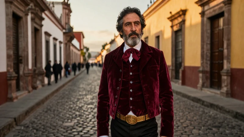Diablo Mexicano: Entre el Demonio y el Ángel de los Sentidos 39 Figura mexicana de época en calle colonial al atardecer