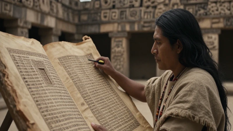 Escriba Mixteco con codex en fondo arquitectónico
