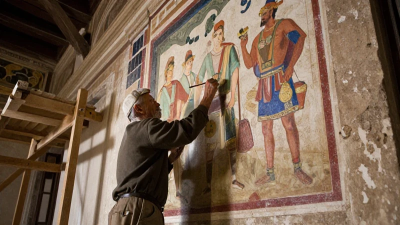 Restaurador antiguo trabaja en gran fresco mural