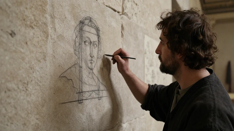 Pintor renacentista bosqueja obra con carbón
