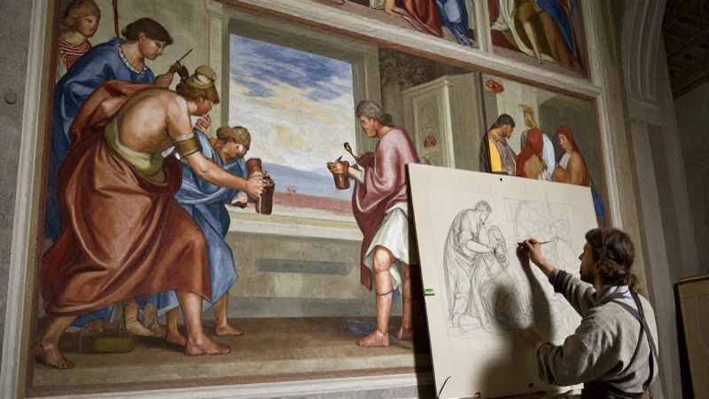 Pintor y aprendiz en fresco con luz dramática