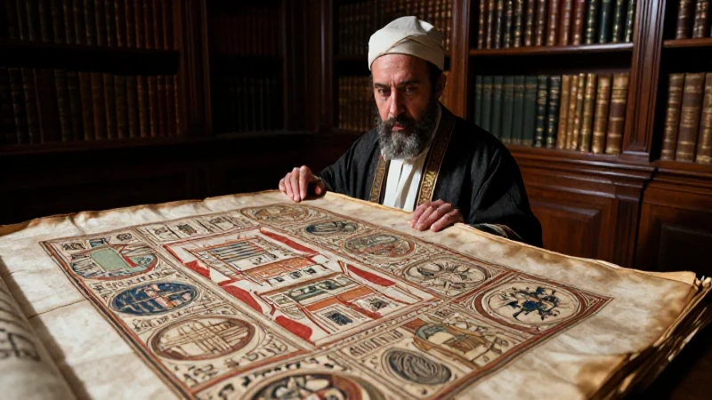 Erudito otomano lee códices en biblioteca histórica