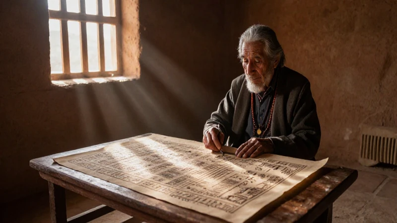 Anciano Otomí con códice ancestral bajo la luz del sol