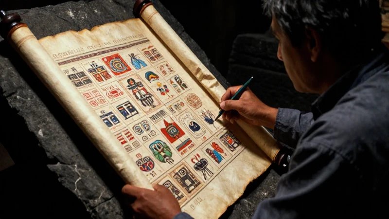 Codex Otomi antiguo en un ambiente de archivo dramático
