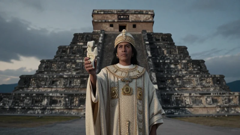 Sacerdote zapoteca y pirámide en paisaje oaxaqueño