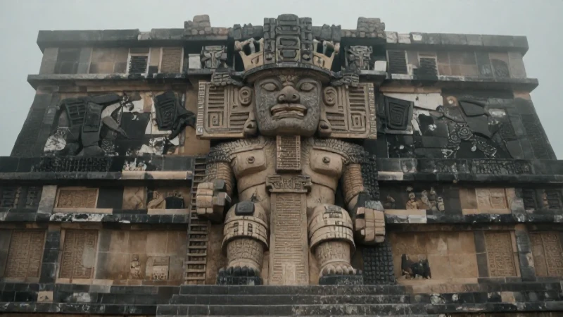 Dios zapoteca en ruinas de Monte Albán, niebla, iluminación natural