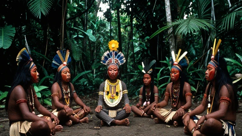 Figuras indígenas en el Amazonas en una ceremonia