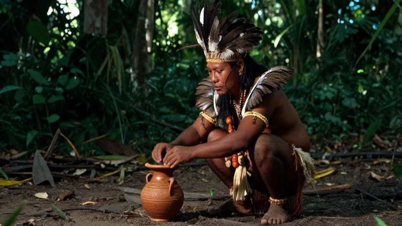 Ritual nativo amazónico en el suelo del bosque