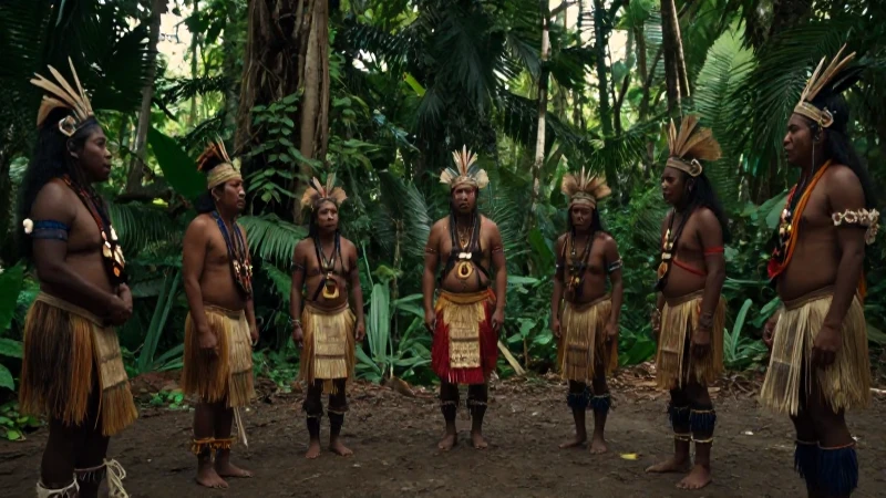 Ceremonia amazónica en la selva con indumentaria tradicional