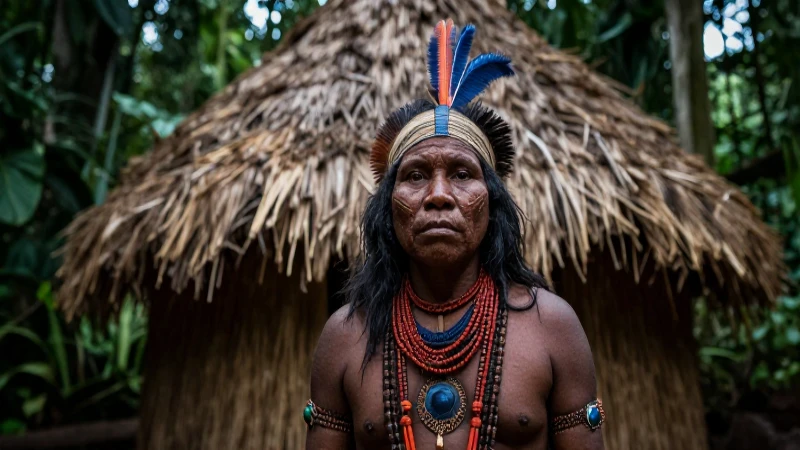 Figura indígena ceremonial en la selva dramática