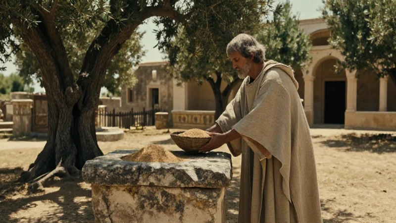 Cuáles son los mitos y simbolismos del dios de la fertilidad 6 Sacerdote agrario antiguo ofrece grano en altar