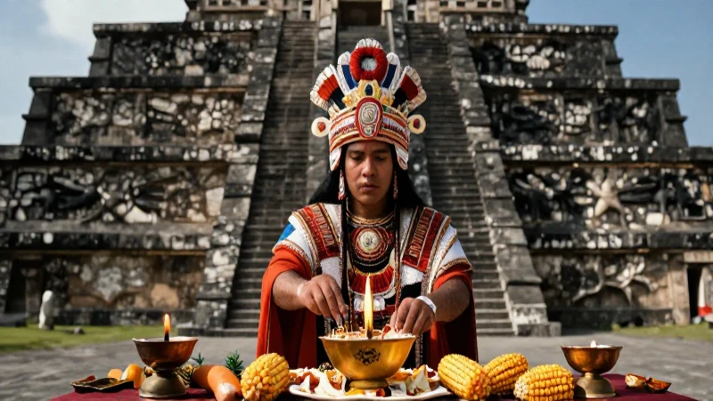 Tlaltecuhtli: Diosa azteca de la tierra y fertilidad divina 96 Sacerdote azteca en Templo Mayor con atmósfera dramática