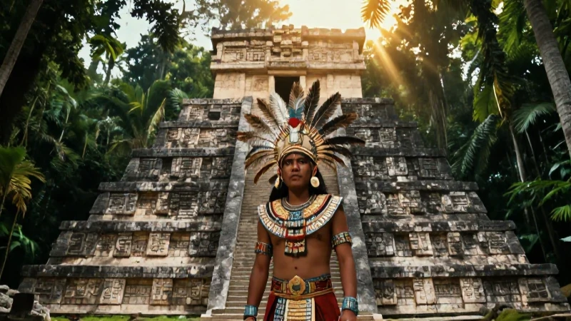 Maya ante pirámide bajo el sol