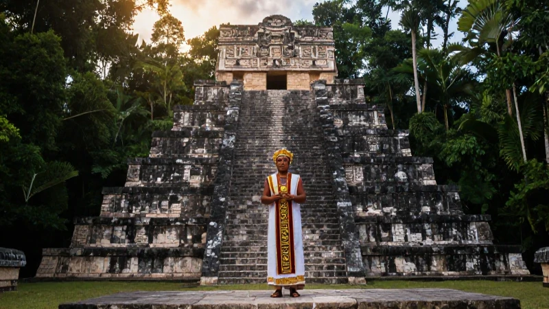 Ritual maya en pirámide al alba