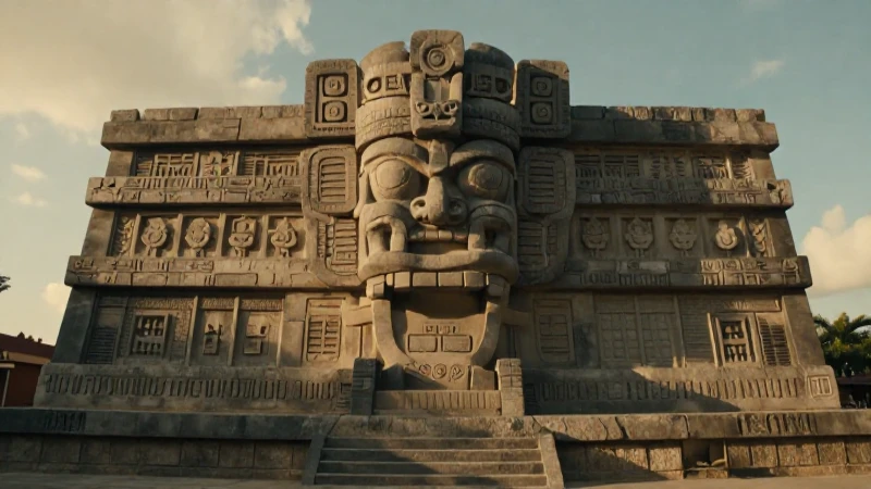 Escultura de Tlaltecuhtli en piedra al atardecer