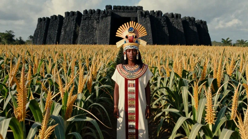 Sacerdote azteca frente a campos de maíz