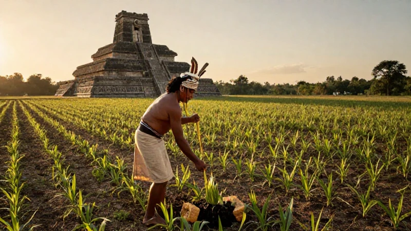 Xipe Tótec: El dios azteca de la primavera y la siembra 18 Azteca siembra maíz al amanecer con un templo majestuoso