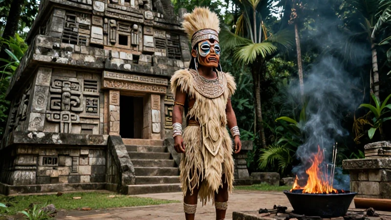 Xipe Tótec: Historia, Mitos e Información Actualizada 20 Sacerdote azteca en templo con piel y humo