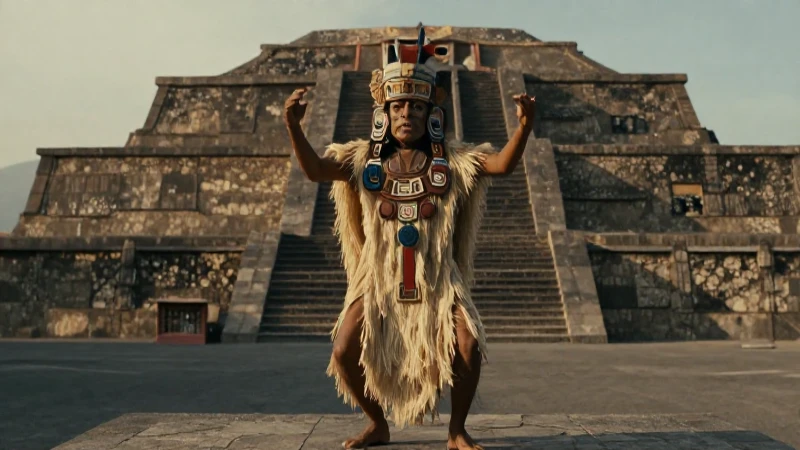 Xipe Tótec: Historia, Mitos e Información Actualizada 22 Xipe Tótec bailando ante arquitectura azteca antigua