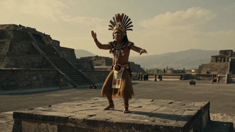 Sacerdote azteca realiza ritual en Tenochtitlan al atardecer