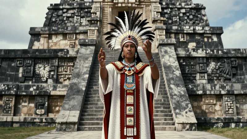 Sacerdote mexica en ritual sagrado ante templo mesoamericano