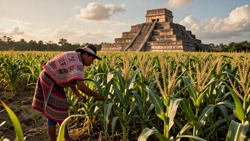 Centéotl: El Dios del Maíz Azteca y su Importancia Cultural 32 Azteca cultiva maíz junto a templo antiguo