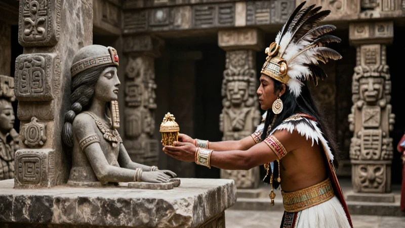 Sacerdote azteca rinde ofrendas a una diosa en un templo