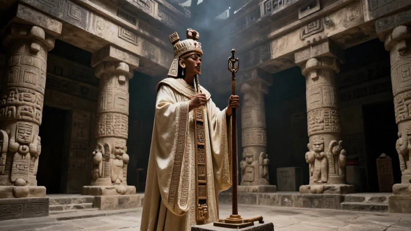 Sacerdote azteca en ritual dentro de templo antiguo