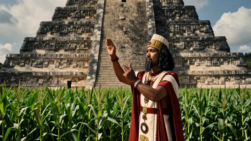 Sacerdote azteca realiza ritual frente a una gran pirámide