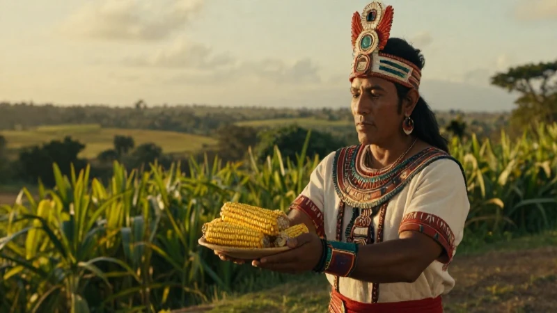 Sacerdote azteca con ofrenda de maíz al atardecer
