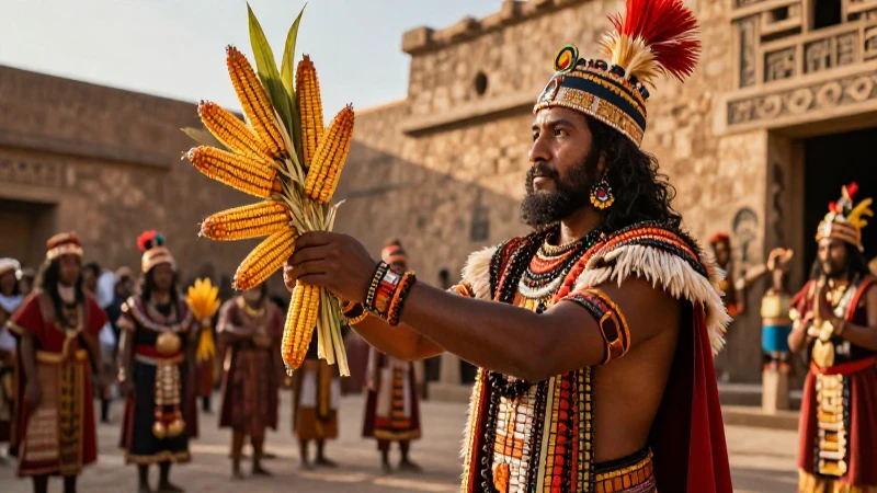 Sacerdote azteca en ritual de cosecha dorada