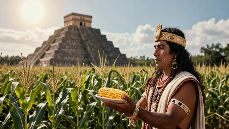 Sacerdote azteca con maíz frente a la gran pirámide
