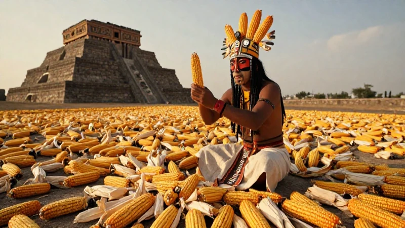 Sacerdote azteca realiza ritual de maíz en campos dorados