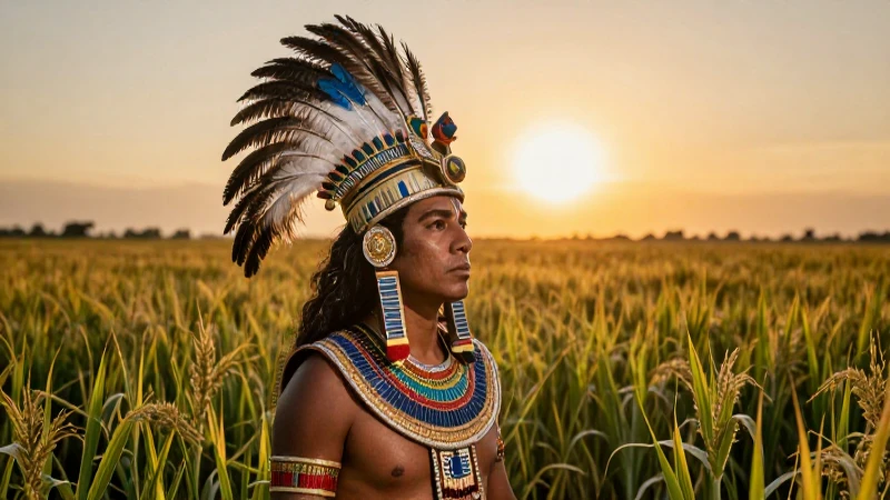 Sacerdote azteca en maíz, sol dramático