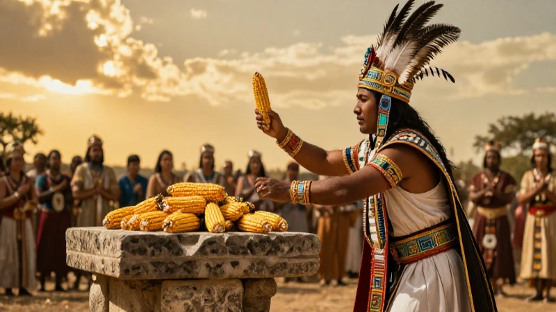 Sacerdote azteca celebra ritual de cosecha en Mesoamérica