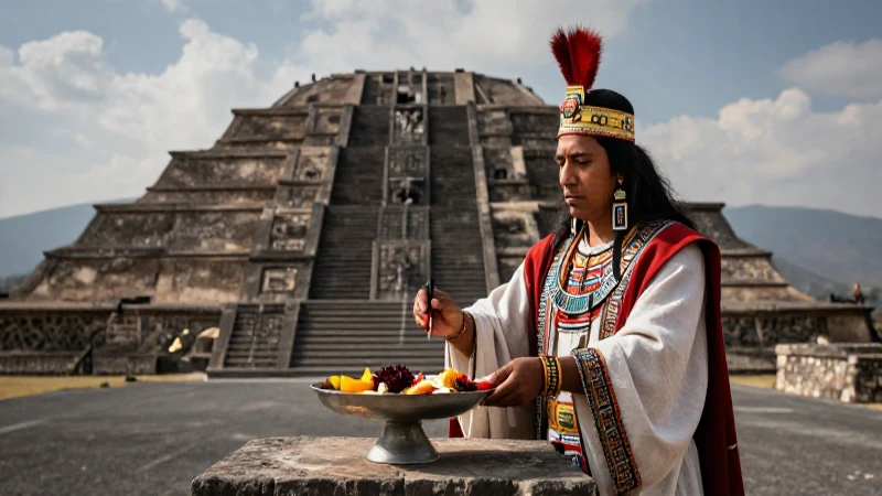 Sacerdote azteca en ritual en pirámide