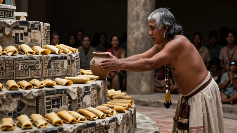 Sacerdote mesoamericano ofrece ritual con altar de piedra