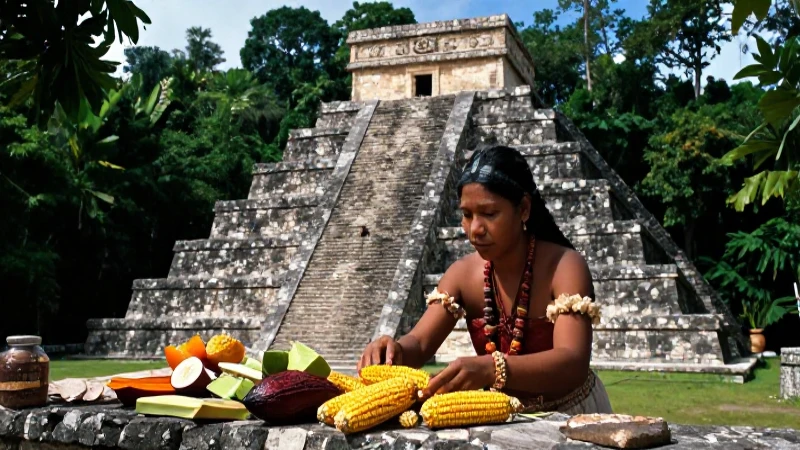 Sacerdote Maya con ofrendas frente a pirámide