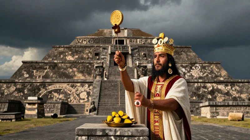 Sacerdote mesoamericano ofrece ritual en pirámide